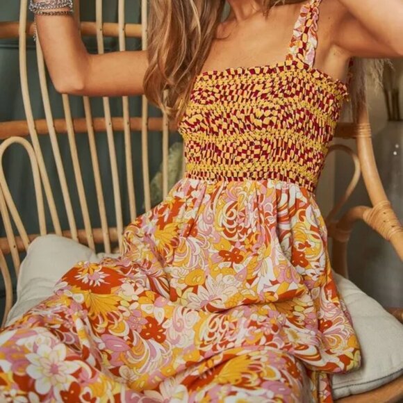 Davi & Dani Multi Smocked Bodice Geo Ruffle Strappy Midi Dress - Picture 1 of 11